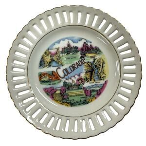 Vintage Colorado Souvenir Plate w/ Scenic Landmarks – Pierced Rim, Gold Trim